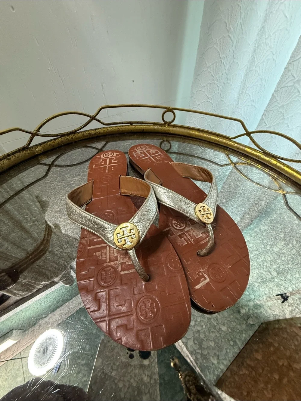 Tory Burch Metallic Gold Miller Thong Sandals with Brown Footbed
